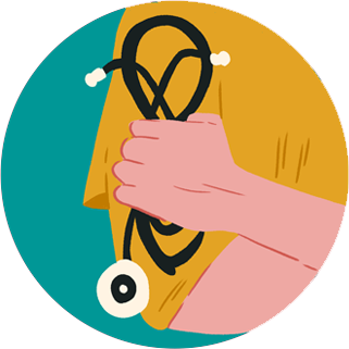 An illustration of a white-skinned person in yellow uniform of a nurse with stethoscope in their hand.